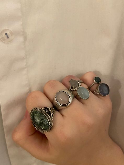 Bulky Rings Aesthetic, Chunky Vintage Rings, Gemstone Rings Aesthetic, Rings On Hand Aesthetic, Whimsigoth Rings, Silver Rings Aesthetic Vintage, Vintage Rings Aesthetic, Chunky Rings Aesthetic, Vintage Jewelry Aesthetic