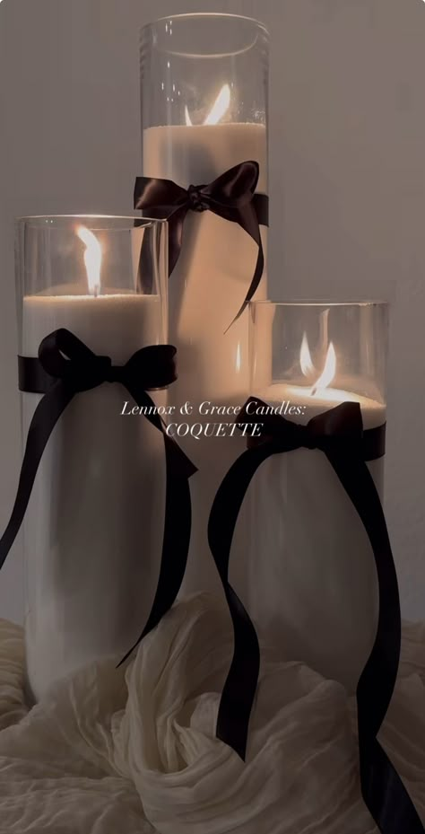 Black And White Dinner Party Decorations, Romantic Engagement Party Decor, Red Black And White Dinner Decor, Now Themed Party, Candles With Ribbon Bows, Brain Centerpieces, Soiree Birthday Party Ideas, Winter Black Wedding, Black Ribbon Wedding Decor