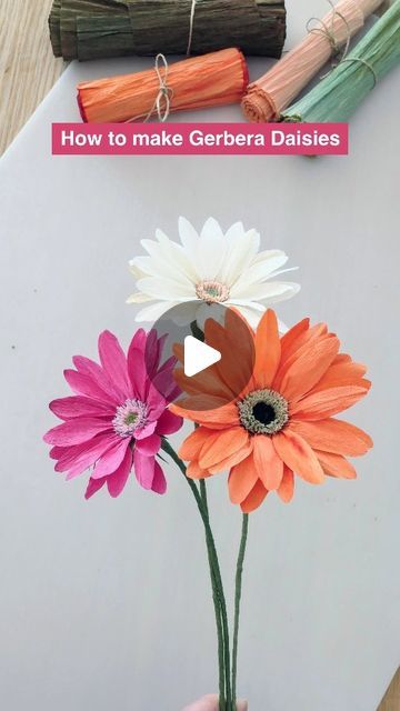 Cynthia Meiring | Paper Flowers on Instagram: "Let's make a paper Gerbera Daisy! You will need the following materials: - German Doublette paper for the petals - 90 grams crepe paper for the center - floral wire - glue gun - normal glue  Have fun! And you can of course experiment with all color combinations. The Gerbera Daisy mostly comes in very nice and bright colors. 🌸🌼  #paperflowers #papierenbloemen #paperflorist #cartefinicrepepaper #gerberadaisy #diyinspiration #diy #handmadeflowers #hobbyideas #doityourself #artificialflower #artprocess" Diy Gerbera Daisy Paper Flower, Daisy Crepe Paper Flowers, Crepes Paper Flowers, Paper Gerbera Daisy, Diy Daisy Flower, Daisy Template, Paper Petals, Gerbera Flower, Paper Daisy