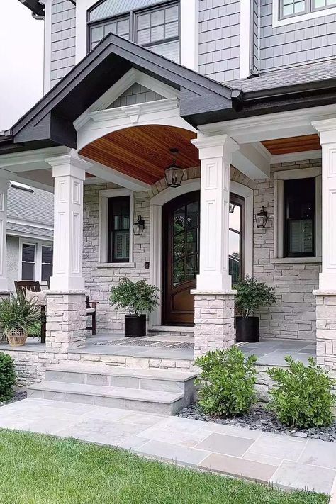 Front Porch Stone, Porch Pillars, Front Porch Columns, Front Porch Lighting, Hamptons Style Home, Dream Farmhouse, Porch Columns, Front Porch Design, Farmhouse Interior