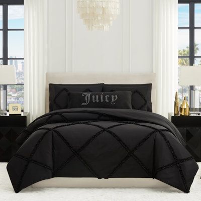 Make a statement with the Diamond Ruffle Lattice reversible comforter set. Stylish ruffle detailing in a diamond pattern with a bold black-on-black design. The reverse side features a sumptuously soft plush microfiber. Machine wash cold, gently, and separately. Do not bleach. Tumble dry low. If there is no free movement in the washer or dryer, use a large-capacity commercial machine. Remove promptly. Do not iron. Face and reverse: 100% microfiber polyester. 100% polyester fill. Imported. Size: Q Ruffle Comforter, Black Comforter, Reversible Bedding, Sham Bedding, Reversible Comforter, Queen Comforter Sets, Queen Comforter, Bedding Stores, Black Bedding