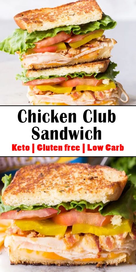 Low Carb Chicken Club Sandwich, Hot School Lunch Ideas, Chicken Club Sandwich Recipes, Hot School Lunch, Clubhouse Sandwich, Chicken Club Sandwich, Sandwich Recipe Videos, Keto Sandwiches, Harvest Meals