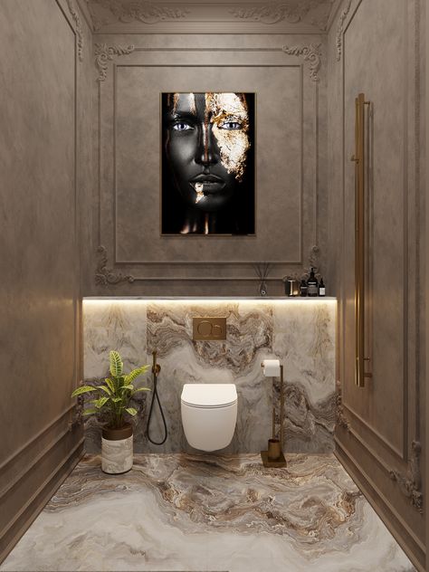 Luxury Commercial Bathroom, Luxury Bathroom Wallpaper, Elegant Powder Room Luxury, Yellow Walls Bathroom, Luxury Powder Rooms, High End Bathroom Design, Classic Bathroom Design Luxury, Classic Luxury Bathroom, Luxury Classic Bathroom