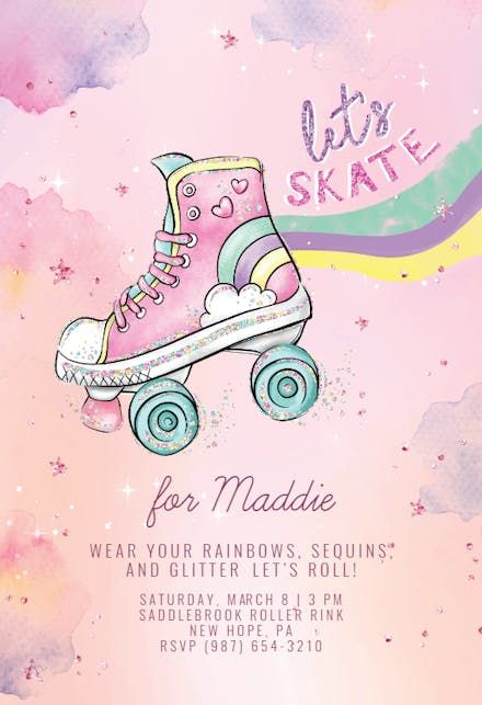 Rainbow Skate - Birthday Invitation Template (Free) | Greetings Island Skating Party Invitations, Roller Skate Invitations, Roller Skating Party Invitations, Roller Skating Birthday Invitations, Skate Birthday Party, Birthday Invitation Design, Ice Skating Party, Selling Printables, Skate Birthday