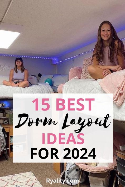 Love these lofted bed dorm room ideas! Mtsu Dorm Room, Dorm Room Ideas Shared, Lofted Dorm Beds Layout, Lifted Bed Dorm Room Ideas, Twin Dorm Room Ideas, College Dorm Layout Floor Plans, Uf Dorm Room University Of Florida, Double Dorm Room Ideas Layout, Dorm Room Lofted Bed Ideas