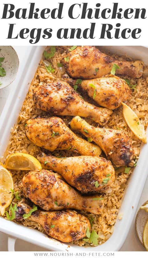 Baked Drumsticks And Rice, Easy Chicken Leg Dinner Recipes, Breaded Chicken Drumstick Recipes Oven Baked, Easy Dinner Recipes Chicken Drumsticks, Baked Drumsticks Recipe, Chicken Legs In The Oven With Rice, Chicken Drumsticks Oven Recipes, Chicken Leg Rice Bake, Lemon Chicken Legs In The Oven