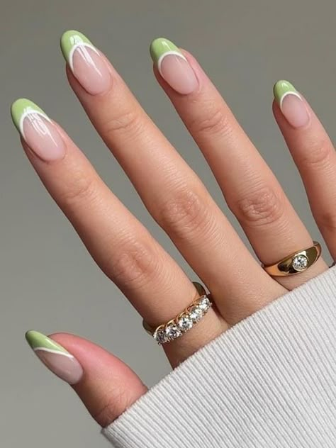 sage green and white double French tip nails Colored Tips Acrylic Nails, Velvet Nail French Tip, Green And White French Tip Acrylic Nails, Green And White Tip Nails, Green French Tip Nails With White Line, French Tip Nails Green Design, French Tip Nails With Color Line, Smile French Tip Nails, Green Outline French Tip Nails