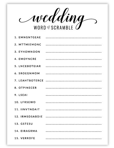 Free Printable Wedding Word Scramble Game Wedding Word Scramble Printable Free, Wedding Scramble Game, Free Wedding Games Printables, Wedding Scattergories Free Printable, Kitchen Tea Games Free Printable, Free Printable Wedding Shower Games, Wedding Bingo Printable Free, Wedding Word Scramble Answers, Wedding Bingo Game