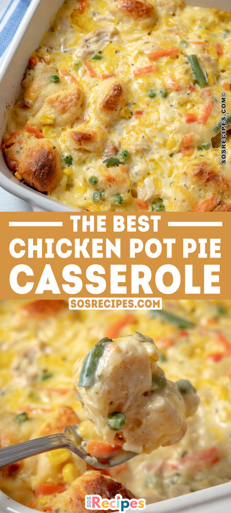 I’ve always loved chicken pot pie casserole  but found dealing with pie dough too tedious and time-consuming. I used to stick to store-bought versions until I discovered a much easier alternative—using refrigerated biscuits instead of pie dough. Creamy Chicken Pot Pie With Biscuits, Chicken Pot Pie Casserole Egg Noodles, Best Chicken Pot Pie With Biscuits, Garlic Bread Chicken Pot Pie, Pot Pie Biscuit Topping, Quick Chicken Pot Pie Casserole, Chicken Pot Pie Recipe Biscuits, Chicken Pot Pie Frozen Biscuits, Jiffy Chicken Pot Pie