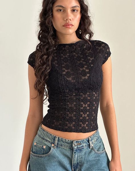 Black Regal Lace Top | Nova – motelrocks-com-us Black Tops Aesthetic, Fitted Black Lace Top Dress, Black Top Aesthetic, Cute Lace Tops, Fitted Black Top With Crochet Lace, Black Lace Top With Fitted Sleeves, Black Fitted Lace Top With Lace Trim, Trendy Lace Top, Black Fitted Long Sleeve Lace Top