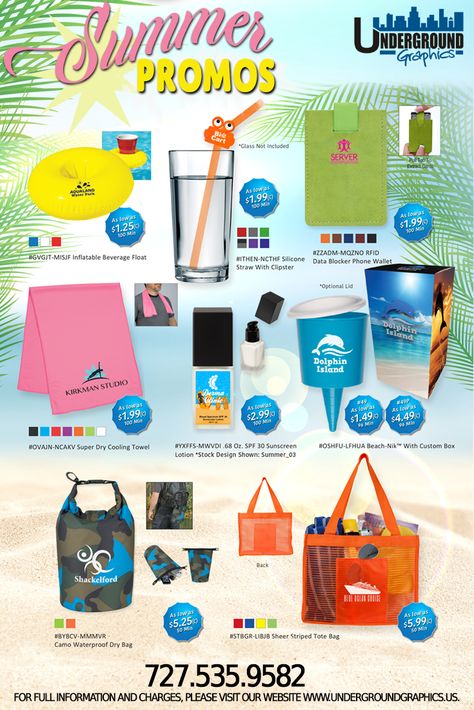 Your brand is sure to look cool on these new Summer Promo Items. #summerpromotionalproducts #promotionalproducts #marketingideas Summer Giveaway Ideas, Promo Items Marketing, Promotional Items Marketing, Summer Promo, Promo Materials, Custom Promotional Items, Alumni Events, Company Swag, Esthetician Room Decor