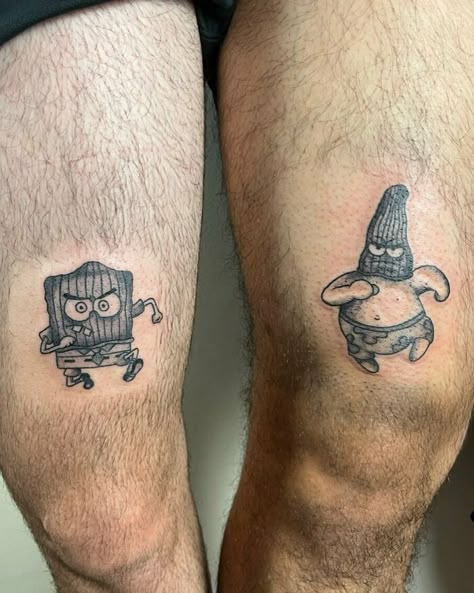 Matching Guy Tattoos Best Friends, Mens Friendship Tattoo, Guy Friend Tattoos Men, Cringe Matching Tattoos, Tattoo For Best Friends Men, Chicken Nugget Tattoo Ideas, Dynamic Duo Tattoo, Matching Character Tattoos, Funny Cousin Tattoos