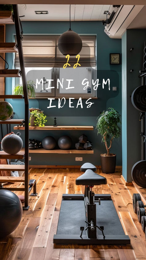 Build Your Perfect Mini Gym! Discover 22 Mini Gym Ideas That Can Transform Any Space Into Your Personal Fitness Haven. Ready To Build? Click To Explore And Start Your Fitness Journey! 🏋️‍♂️💪 #MiniGym #HomeGym #FitnessAtHome #ExploreAndStart #GymIdeas Cute Garage Gym, Home Gym Styling, Gym Room Decor Ideas, At Home Fitness Room, Loft Gym Ideas, Family Room Workout Room Combo, Attic Gym Ideas Exercise Rooms, Workout Bedroom Ideas, Basement Home Gym Design