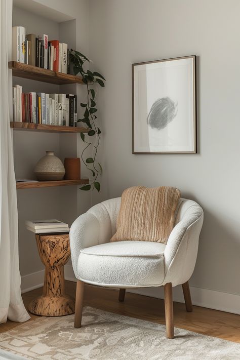 Corner Nook In Bedroom, Corner Spot In Living Room, Apartment Corner Ideas Living Rooms, Reading Nook Next To Bed, Reading Chair In Kitchen, Reading Corner Interior Design, Reading Nook Gallery Wall, Bedroom Corner Sitting Ideas, Living Room Corner Nook