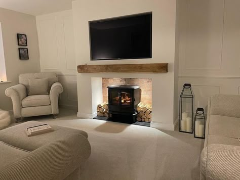 Terraced House Lounge Ideas, Cosy Panelled Living Room, Small Lounge Fireplace Ideas, Snug Room With Fireplace, Wall Panelling Around Fireplace, Wood Panel Over Fireplace, Living Room Wall With Fireplace And Tv, New Build Fireplace Ideas Uk, Tv In Fireplace Ideas