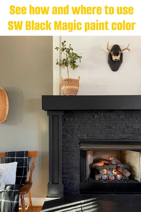 Black Fireplace Paint Color, Black Magic Paint Sherwin Williams, Black Magic Sherwin Williams, Warm Black Paint Color, Sw Black Magic, Sherwin Williams Black Magic, Black Magic Paint, Sherwin Williams Black, Zyla Colors