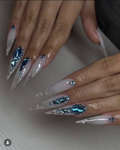 Long Acrylic Nails Designs Ideas Winter, Blue Stelito Nails, Crystal Blue Nails, Light Blue Nails Stiletto, Rhinestone Nails Stiletto, Sharp Acrylics, Dark Blue Nails With Rhinestones, Blue Icy Nails, Icy Blue Winter Nails