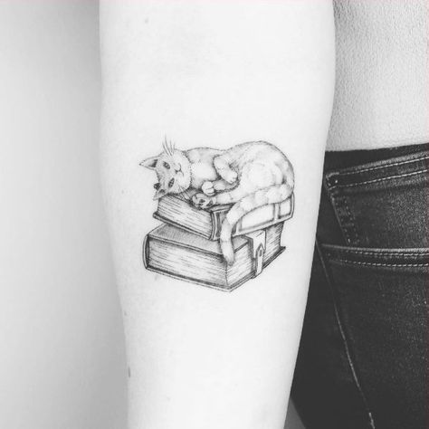 Book Tattoo & Cat Open Book Tattoo, Cat Outline Tattoo, Boxing Tattoos, Bookish Tattoos, Tasteful Tattoos, World Tattoo, Book Tattoo, Spine Tattoos, Tattoo Designs And Meanings