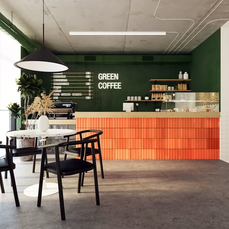 GREEN COFFEE | coffee shop on Behance Green Coffee Bar, Industrial Coffee Shop, Green Cafe, Cafe Shop Design, Coffee Shops Interior, Home Coffee Bar, Bakery Design, Modern Restaurant, Coffee Shop Design