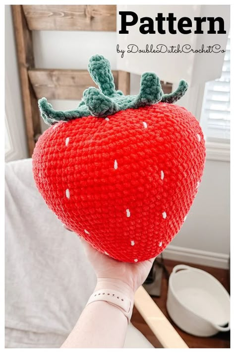 Strawberry Pillow Crochet Pattern Crochet Fun Pillows, Crochet Bed Pillow, Crochet Cute Pillow, Crochet Back Pillow, Throw Pillow Crochet, Cute Crochet Pillow, Strawberry Amigurumi, Cute Crochet Pillow Patterns Free, Pillow Crochet Pattern Free