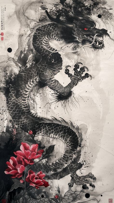 Traditional Japanese Art of Dragon and Flowers Japan Dragon Art, Traditional Chinese Dragon Art, Japanese Mythology Art, Japanese Art Dragon, Japanese Dragon Painting, Dragon Japanese Art, Art With Black Background, Traditional Japanese Art Style, Japanese Style Dragon