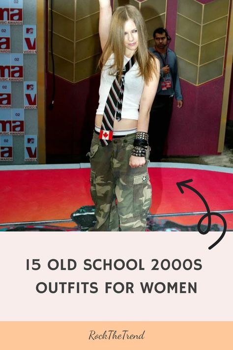 Woman in a white tank top, tie, and camouflage pants at a music award event. Text reads "15 Old School 2000s Outfits for Women". Early 2000 Hip Hop Fashion, 2000s Fashion Outfits Pregnant, Best 2000s Outfits, 2000s Concert Outfit Ideas, 2000s Attire, 90s Middle School Outfits, Y2k Outfits Celebrities, Jennifer Aniston 2000s Outfits, Y2k Outfits For Women