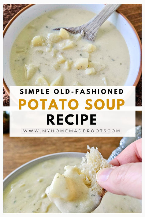 Warm up with a bowl of simple, old-fashioned potato soup! This classic recipe is creamy, comforting, and made with just a few basic ingredients. Perfect for chilly days or a nostalgic meal, this easy-to-make soup brings back the taste of grandma's kitchen. #PotatoSoup #ComfortFood #OldFashionedRecipes #HomemadeSoup #EasyMeals #NostalgicCooking Simple Baked Potato Soup, Moms Potato Soup, Creamy Red Potato Soup, Potato Soup From Instant Potatoes, 3 Ingredient Potato Soup Easy, Potato Soup With Gravy Packet, Taste Of Home Potato Soup, Meatless Potato Soup, Potato Soup With Russet Potatoes