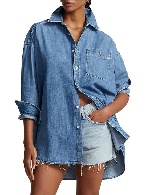 Long Denim Shirt, Ralph Lauren Denim, Preppy Aesthetic, Weekend Style, Ralph Lauren Womens, Mens Swimwear, Oversized Shirt, Trainers Women, Denim Shirt