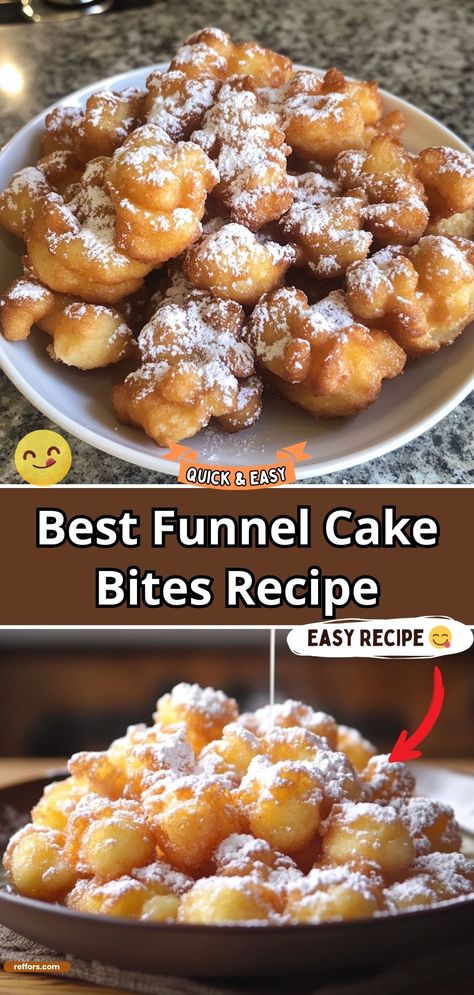 Bring the joy of the fair to your kitchen with Funnel Cake Bites. These delightful little treats are crispy on the outside, fluffy on the inside, and dusted with powdered sugar, perfect for sharing or indulging on your own. #FunnelCakeBites #FairFood #SweetSnack Mini Funnel Cake Bites, What To Bring To Party Food, Dessert Recipes Finger Food, Finger Foods For Kids Halloween Party, Snacks Savory Easy, Fluffy Dessert Recipes, Deep Fried Desserts Easy, Powder Sugar Recipes, Home Made Desserts Easy