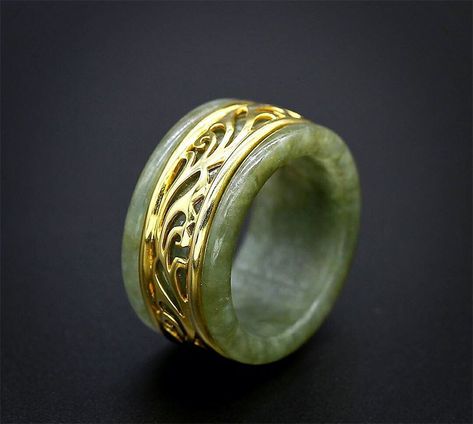 Gold And Jade Ring, Jade And Gold Ring, Vintage Jade Ring, Gold Jade Ring, Jade Gemstone Aesthetic, Cristal Rings, Jade Ring Men, Jade Rings For Women, Jade Wedding