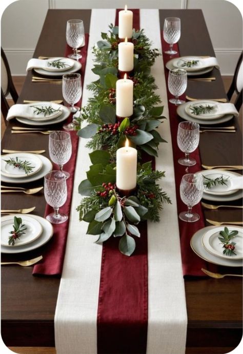 Burgundy Table Setting, Burgundy Christmas Decor, Christmas Dinner Table Settings, Easy Diy Christmas Decorations, Burgundy Christmas, Christmas Party Table, Christmas Dining Table Decor, Christmas Dining Table, Christmas Dinner Table