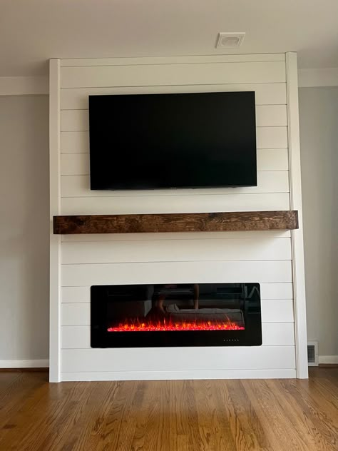 White Shiplap Walls Living Room Tv, Shiplap Fireplace With Electric Insert, Shiplapped Tv Wall, Shiplap Entertainment Wall Living Room, Small Fireplace Wall Ideas, Shiplap Fireplace Wall With Wood Mantle, Tv Fireplace Wall Ideas Built Ins Shiplap, Living Room Shiplap Fireplace, Shipload Fireplace