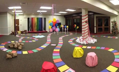 Life-Size Candyland at the Library Life Size Candyland, Candyland Games, Life Size Games, Board Game Party, Math Night, Candy Land Birthday Party, Classroom Transformation, Fest Outfits, Candyland Birthday