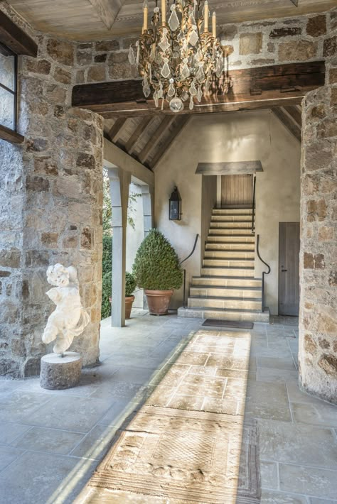 Covered walkways connect the pavilions. Covered Walkway, Casa Country, Casas Coloniales, Country Retreat, Stone Walls, Design Exterior, Stone Houses, California Homes, Stone House