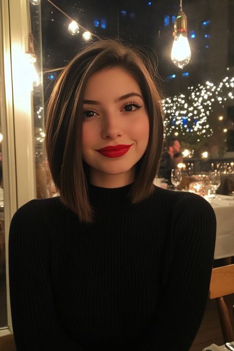 Woman in a black turtleneck smiling in a warmly lit restaurant with string lights in the background. Layered Bob Hairstyles Straight, Blond Short Bob Hairstyles, Inverted Bob Undercut, Best Haircut For Straight Hair For Women, Medium Bob Straight Hair, Layered Back Of Hair Short, Asymmetrical Medium Length Hair, Chin Length Lob Haircut, Layered Lob Straight