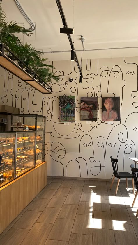 cafe aesthet coffee Coffee Shops Ideas Design, Small Cafes Ideas, Cafeteria Mural Ideas, Aesthetic Cafe Design Interior, Small Cafe Ideas Interior, Local Cafe Aesthetic, Aesthetic Cafe Interior Design, Coffee Shop Theme Ideas, Cafe Interior Wall Design