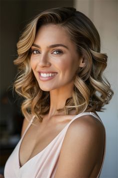 Curled Hairstyles For Maternity Pictures, Medium Waves Hairstyle, Wavy Hair Formal Medium, Shoulder Length Formal Hairstyles Down, Curls Hairstyles Medium Hair, Formal Hair Down Medium Shoulder Length, Hair Down Bridesmaid Styles Medium, Timeless Curls Wedding Hair, Short Length Formal Hairstyles