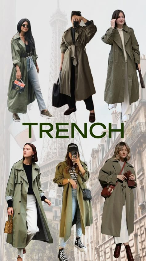 Olive Green Coats For Women, Khaki Trenchcoat Outfit, Dark Green Trench Coat Outfit, Green Raincoat Outfit, Olive Green Trench Coat Outfit, Olive Green Coat Outfit, Olive Coat Outfit, Olive Trench Coat Outfit, Khaki Coat Outfit