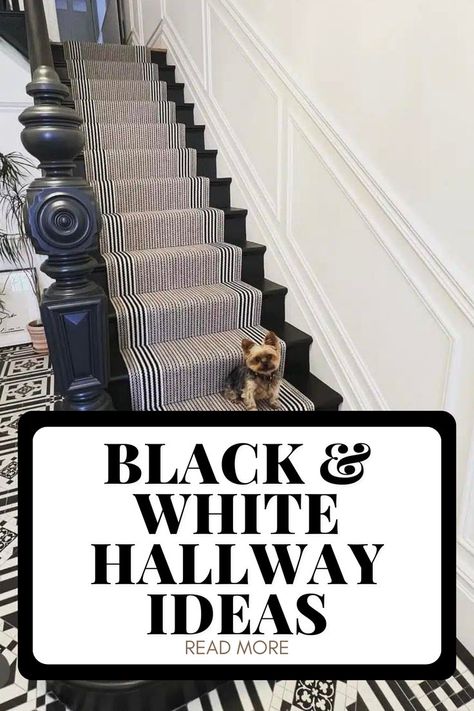 Black And White Hallway Ideas, White Hallway Ideas, Monochrome Hallway, Hallway Styling, Edwardian Hallway, Black And White Hallway, Black Stair Railing, Black And White Stairs, Stairs And Hallway Ideas