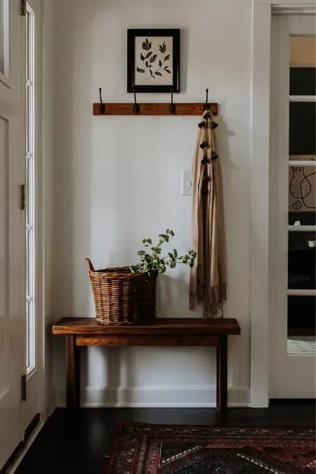 Small Front Entryway Decor, Coat Corner Ideas, Cottage Coat Rack, Coat Rack Styling, Small Wall Coat Rack Entry Ways, Styling Bench Entryway, Small Entry Corner, Styling A Bench Entryway, Coat Rack Behind Front Door