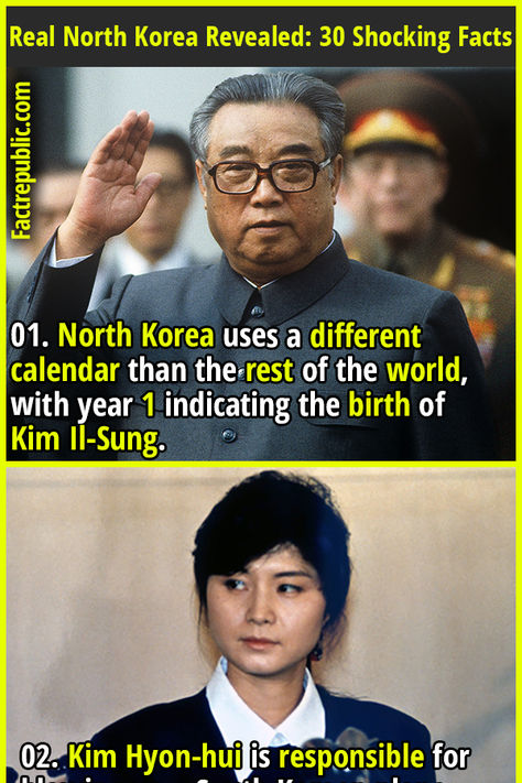 01. North Korea uses a different calendar than the rest of the world, with year 1 indicating the birth of Kim Il-Sung. #northkorea #korea #korean #girl #women #female #woman #shocking #travel #living #world #adventure #asian Facts About North Korea, North Korea Facts, Kim Il Sung, North Korea Kim, Life In North Korea, Fact Republic, Because The Internet, Secret Pictures, Korean History