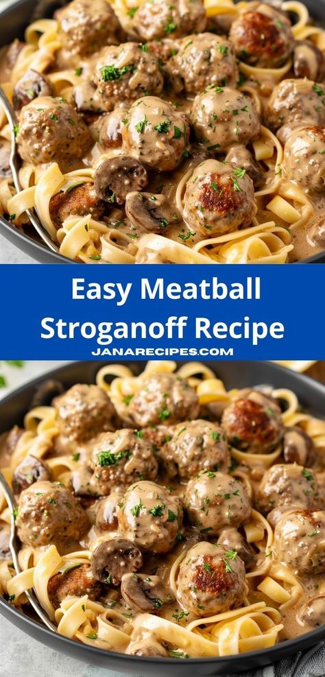 Looking for stroganoff recipes? This Meatball Stroganoff Recipe is ideal! It's one of the easiest ground beef recipes, perfect for dinner, combining meatballs and creamy stroganoff sauce for a tasty dish. Stroganoff Recipe With Meatballs, Meatballs And Gravy Over Noodles, Ground Beef Potato Stroganoff, Meatballs Meals Dinners, Stroganoff Recipe Meatball, Swedish Meatball Stroganoff, Strogonoff Meatballs, Crock Pot Meatball Stroganoff, Frozen Meatball Sauce Recipes