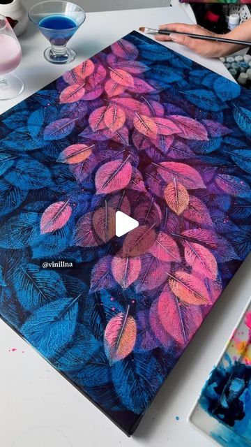 Lena Kalinicheva on Instagram: "🧘🏼‍♀️" Painting With Leaf Prints, Leaf Printing Art Ideas, Abstract Painting Techniques Tutorials, Leaf Art Painting, Leaf Painting Ideas, Canvas Paintings Ideas, Painting Ideas Watercolor, Leaf Art Diy, Leaf Print Art