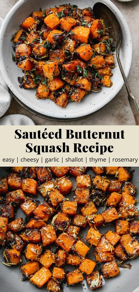 This sautéed butternut squash recipe is paired with garlic, shallots, rosemary, thyme, and parmesan cheese. Cubed and cooked on the stovetop, this recipe is easy to make and tastes absolutely delicious. Serve it as a veggie side dish for breakfast or dinner! Sauteed Butternut Squash, Butternut Squash Side Dish, Butternut Squash Recipes Easy, Healthy Squash Recipes, Resep Vegan, Savory Butternut Squash, Butternut Recipes, Butternut Squash Recipe, Lunch At Home