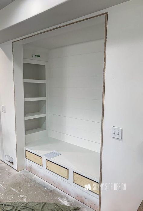 How to Make a Built In Reading Nook in a Closet | Hometalk How To Turn A Closet Into A Reading Nook, Entryway Bench Built In Closet, Closet With Built In Shelves, Built In Closet Bench, Book Shelf In Closet, Closet Bench Ideas, Closet Bench Seat, Built In Reading Nook, Nook Shelving