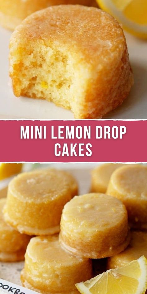 MINI LEMON DROP CAKES Lemon Drop Cheesecake, Lemon Drop Cake, Tin Cakes, Drop Cake, Mini Cooking, Lemon Drops, Lemon Dessert, Dessert Bites, Lemon Dessert Recipes