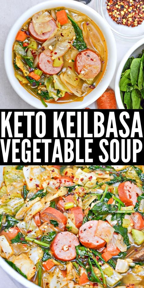 Keto Kielbasa Sausage and Vegetable Soup #ketokeilbasaandvegetablesoup #keilbasaandvegetablesoup Keto Soup With Cabbage, Keto Kielbasa Soup Recipes, Cabbage Soup Low Carb, Keto Celery Recipes, Keilbasa Recipes Low Carb, Keto Vegetable Soup Recipes, Cabbage Soup With Ground Turkey, Low Carb Kielbasa Recipes, Keto Cabbage Soup Recipes