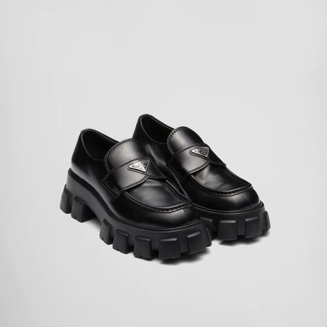 Black Monolith brushed leather loafers | Prada Prada Loafers Women, Loafers With Jeans, Prada Monolith, Prada Clothing, Prada Loafers, Loafers Women, Dr Shoes, Chunky Loafers, Loafer Shoes Women