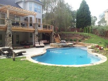 Walkout Basement Patio With Pool, Inground Pool Walkout Basement, Deck Overlooking Pool, Walkout Basement Pool, Walkout Basement With Pool, Backyard Farmhouse, Traditional Pool, Curved Deck, Freeform Pools