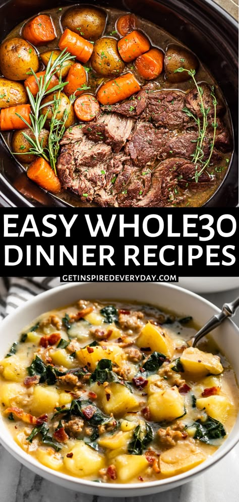 Easy to make and anything but boring, these Whole30 Dinner Recipes are some of our favorite dinners. With 50 dinner options, you’ll have everything you need to do a Whole30. Or simply enjoy these Whole30 dinners throughout the year. From my Creamy Garlic Chicken, to my comfort food Slow Cooker Pot Roast, there’s a little something for everyone. Whole 30 Dinner Recipes, Easy Whole 30, Whole 30 Dinner, Food Slow Cooker, Packable Lunches, Whole30 Lunch, Cozy Soups, Turmeric Chicken, Slow Cooker Pot Roast